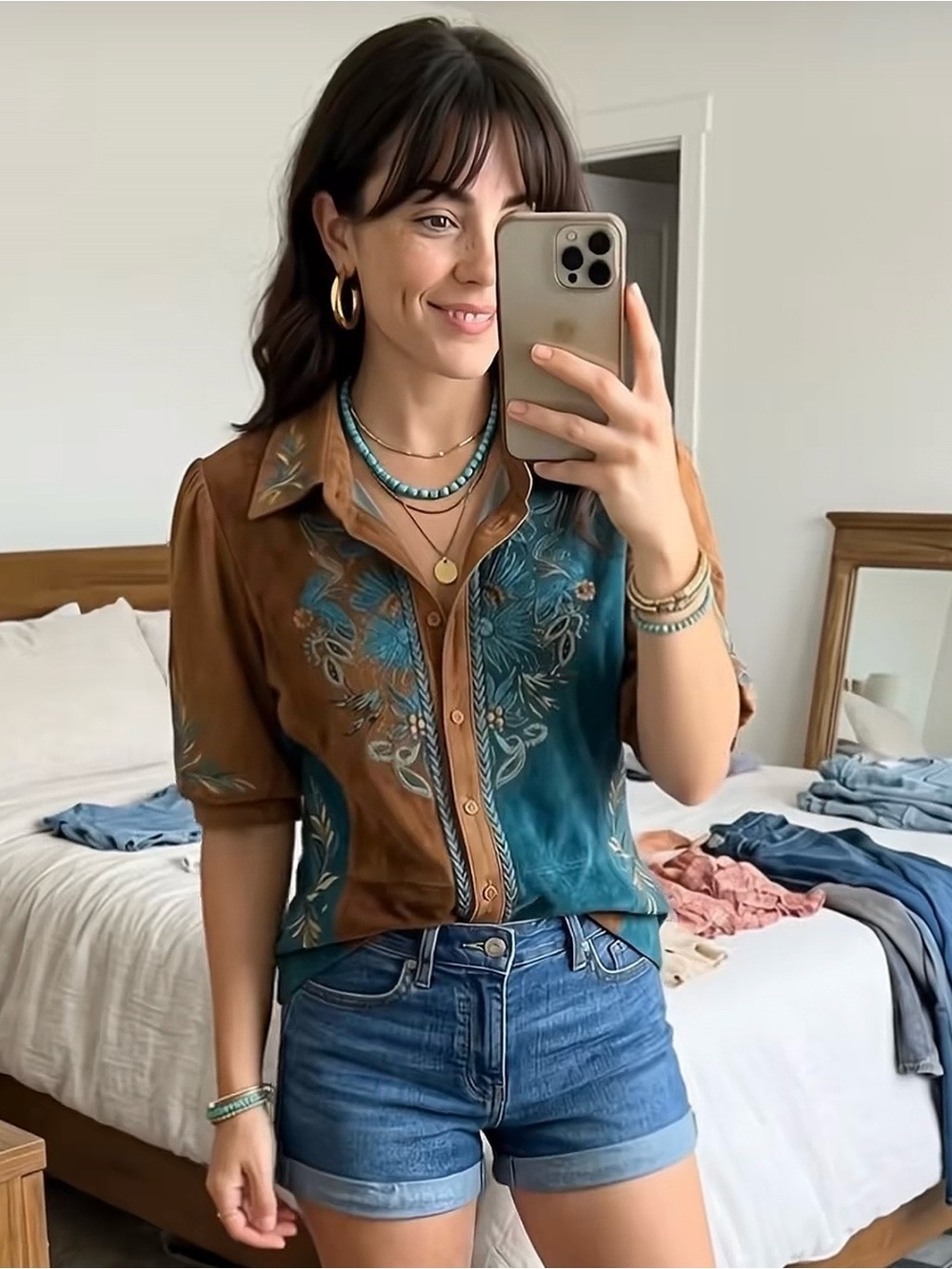 Two-Tone Brown & Teal Floral Button-Up Blouse XL